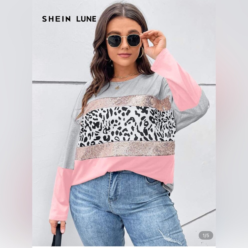 Gray and Pink Leopard Print Sequin Sweater